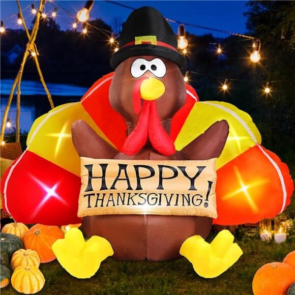 6FT Thanksgiving Inflatables Turkey Decorations with Colorful Tail & Pilgrim Hat - Picture 1 of 7